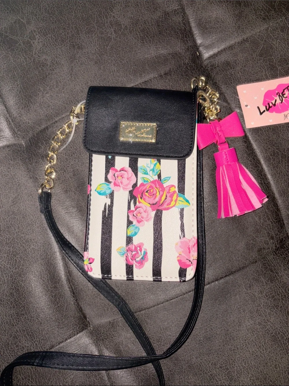 Betsey Johnson Black & Hot Pink Floral Stripe Crossbody